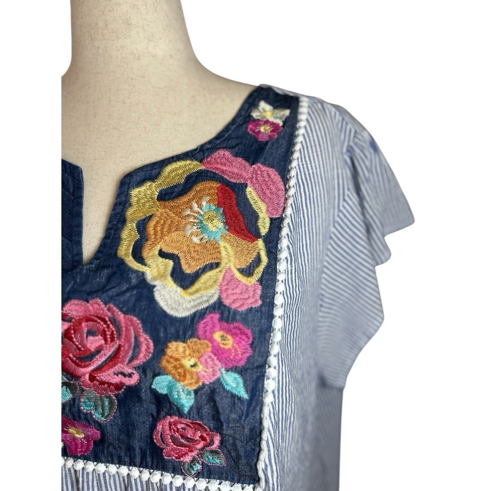 Savanna Jane Tunic Floral Embroidered Blouse Striped Top 3X Boho Cowgirl Western